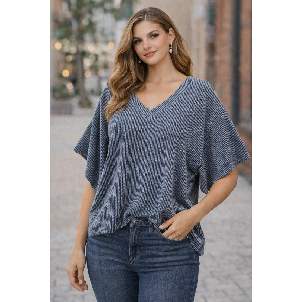 Arula Textured Blue V Neck Top Womens Plus Boho Oversized Flutter Sleeve 3X C